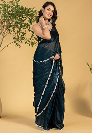 Pre-stitched Tissue Saree in Teal Blue