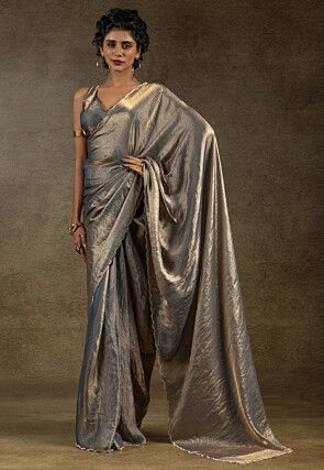 Pre-stitched Tissue Scalloped Saree in Grey