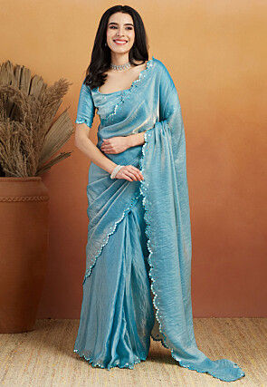 Pre-stitched Tissue Scalloped Saree in Light Blue