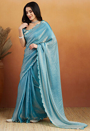 Pre-stitched Tissue Scalloped Saree in Light Blue