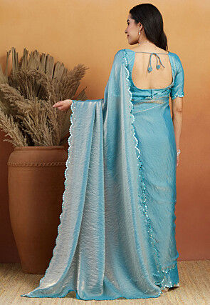 Pre-stitched Tissue Scalloped Saree in Light Blue