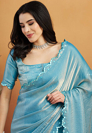 Pre-stitched Tissue Scalloped Saree in Light Blue