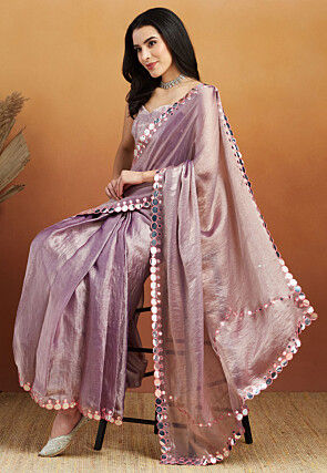 Pre-stitched Tissue Scalloped Saree in Light Purple