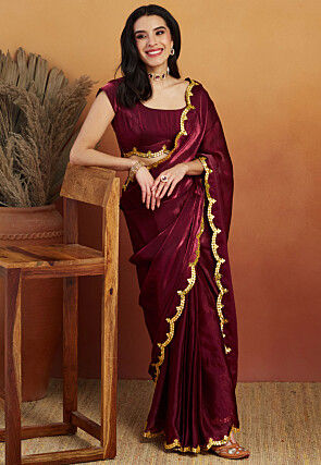 Pre-stitched Tissue Scalloped Saree in Maroon