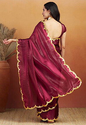 Pre-stitched Tissue Scalloped Saree in Maroon
