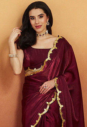 Pre-stitched Tissue Scalloped Saree in Maroon