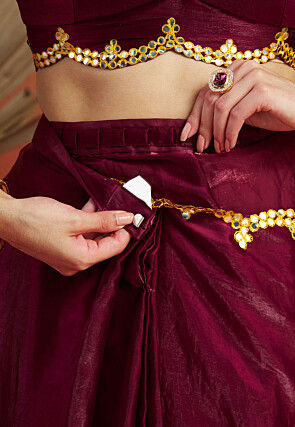 Pre-stitched Tissue Scalloped Saree in Maroon