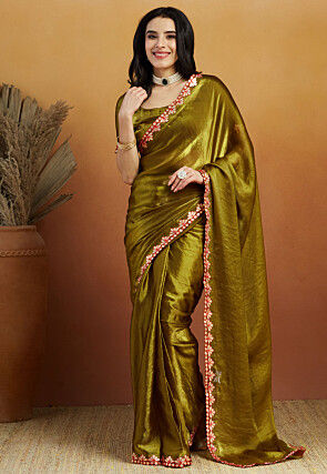 Pre-stitched Tissue Scalloped Saree in Olive Green