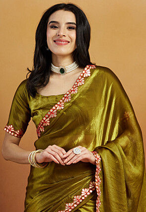 Pre-stitched Tissue Scalloped Saree in Olive Green