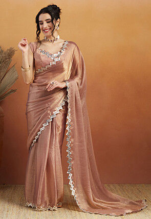 Pre-stitched Tissue Scalloped Saree in Peach