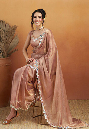 Pre-stitched Tissue Scalloped Saree in Peach