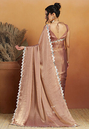 Pre-stitched Tissue Scalloped Saree in Peach
