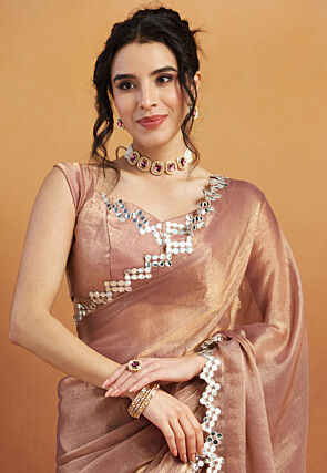 Pre-stitched Tissue Scalloped Saree in Peach
