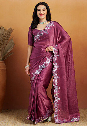 Pre-stitched Tissue Scalloped Saree in Purple
