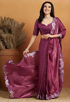 Pre-stitched Tissue Scalloped Saree in Purple