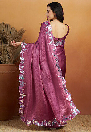 Pre-stitched Tissue Scalloped Saree in Purple