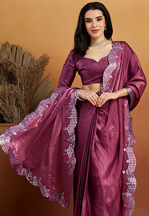 Pre-stitched Tissue Scalloped Saree in Purple
