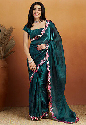Pre-stitched Tissue Scalloped Saree in Teal Blue