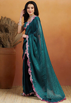 Pre-stitched Tissue Scalloped Saree in Teal Blue