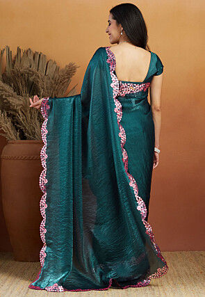 Pre-stitched Tissue Scalloped Saree in Teal Blue