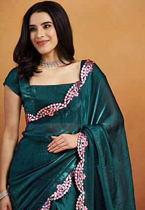 Pre-stitched Tissue Scalloped Saree in Teal Blue