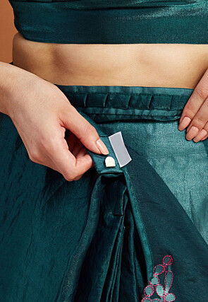 Pre-stitched Tissue Scalloped Saree in Teal Blue