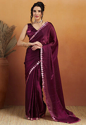 Pre-stitched Tissue Scalloped Saree in Wine
