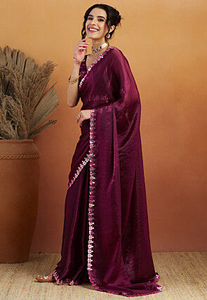 Pre-stitched Tissue Scalloped Saree in Wine