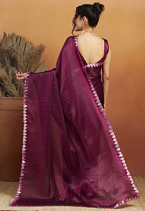 Pre-stitched Tissue Scalloped Saree in Wine