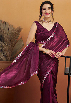 Pre-stitched Tissue Scalloped Saree in Wine