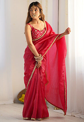Pre-stitched Tissue Silk Saree in Fuchsia