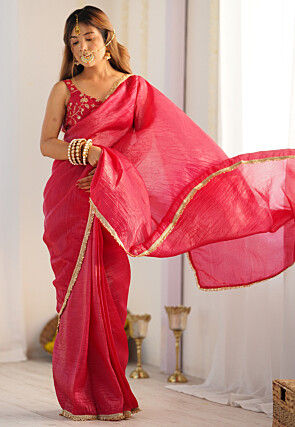 Pre-stitched Tissue Silk Saree in Fuchsia
