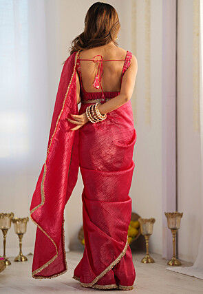 Pre-stitched Tissue Silk Saree in Fuchsia