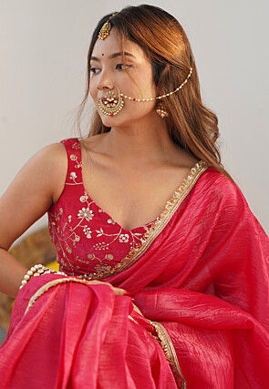 Pre-stitched Tissue Silk Saree in Fuchsia