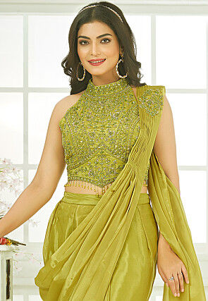 Pre-Stitched Tissue Silk Saree in Green