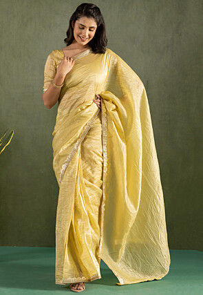 Pre-stitched Tissue Silk Saree in Yellow