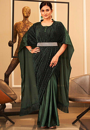 Pre-stitched Velvet Kaftan Style Saree in Olive Green