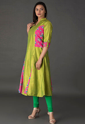 Princess Cut Art Silk Long Kurta in Olive Green