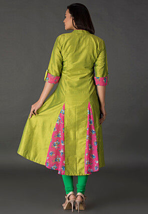 Princess Cut Art Silk Long Kurta in Olive Green