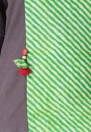 Princess Cut Cotton Straight Suit in Green and Grey