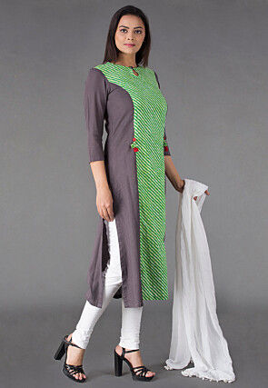 Princess Cut Cotton Straight Suit in Green and Grey