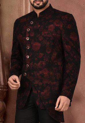 Printed Acrylic Cotton Suit Set in Maroon and Black