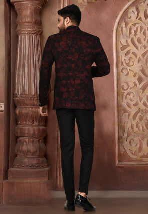 Printed Acrylic Cotton Suit Set in Maroon and Black
