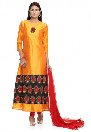 Printed Art Bhagalpuri Silk A Line Suit in Orange