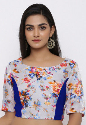 Printed Art Bhagalpuri Silk Blouse in Light Grey and Royal Blue