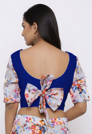 Printed Art Bhagalpuri Silk Blouse in Light Grey and Royal Blue