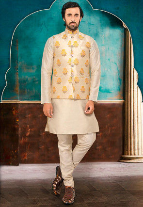 Printed Art Dupion Silk Nehru Jacket in Light Beige