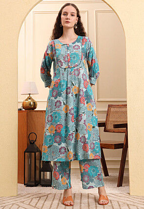 Printed Art Linen A Line Kurta Set in Blue