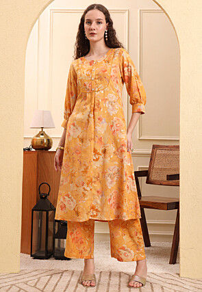 Printed Art Linen A Line Kurta Set in Light Mustard