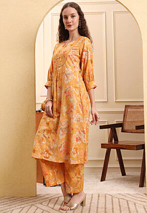 Printed Art Linen A Line Kurta Set in Light Mustard